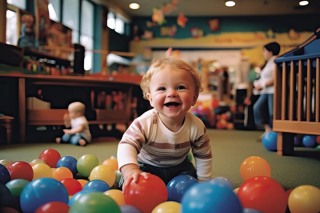 A baby is playing in a ball pit
