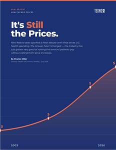 A rising line graph in orange on a dark blue background underneath the words, "It's Still the Prices. New federal data sparked a fresh debate over what drives U.S. health spending. The answer hasn't changed - the industry has just gotten very good at raising the amount patients pay without calling them price increases."