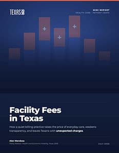 A stacked bar chart in orange on a dark blue background above the words, "Facility Fees in Texas: How a quiet billing practice raises the price of everyday care, weakens transparency, and leaves Texans with unexpected charges."