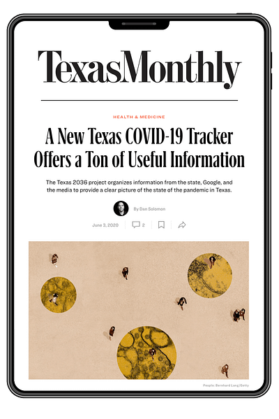 A screenshot of the Texas Monthly magazine website featuring the headline, "A New Texas COVID-19 Tracker Offers a Ton of Useful Information"