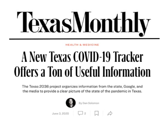 A screenshot of a 2020 Texas Monthly headline that reads, "A New Texas COVID-19 Tracker Offers a Ton of Useful Information."