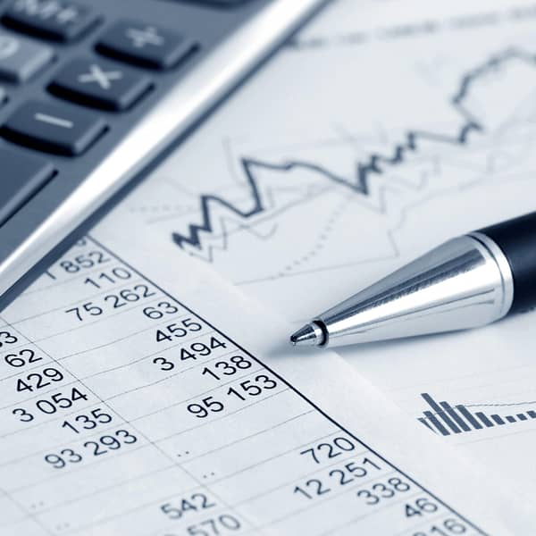 Spreadsheet, charts, calculator, and a pen.