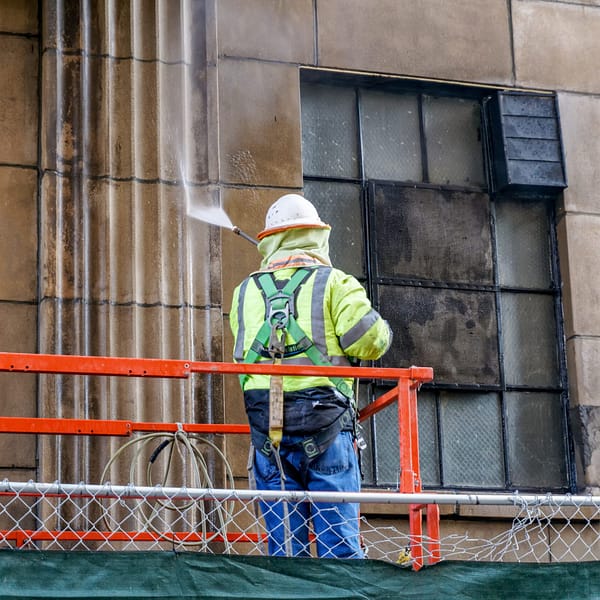 Workman power washing a building's exterior