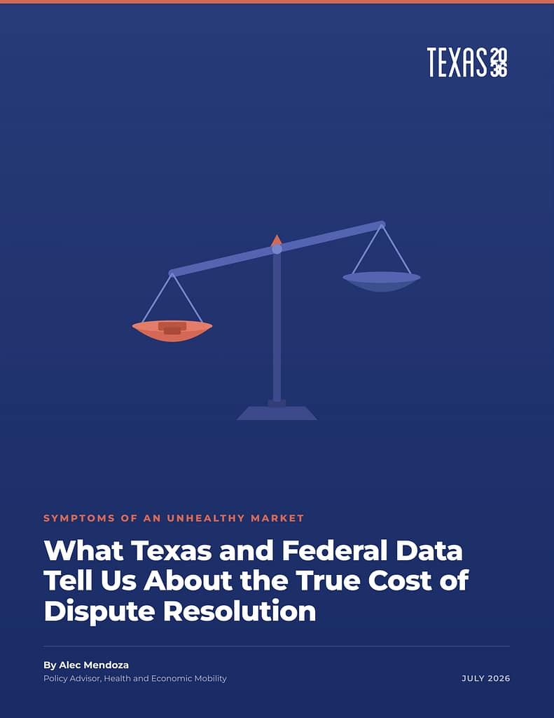 An illustration of an uneven scale in light blue on a dark blue background above the words, "What Texas and Federal Data Tell Us About the True Cost of Dispute Resolution"