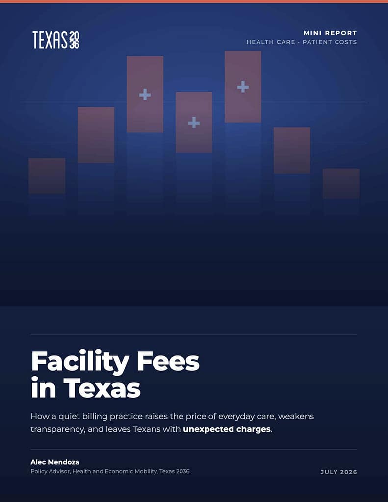 A stacked bar chart in orange on a dark blue background above the words, "Facility Fees in Texas: How a quiet billing practice raises the price of everyday care, weakens transparency, and leaves Texans with unexpected charges."