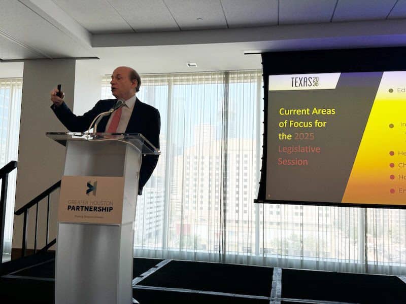 Texas 2036 President and CEO David Leebron addresses the Greater Houston Partnership on Aug. 20, 2024